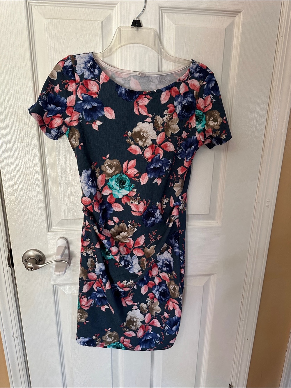Maternity pink blush Navy Floral Mini Dress with Pink and Teal Blooms
